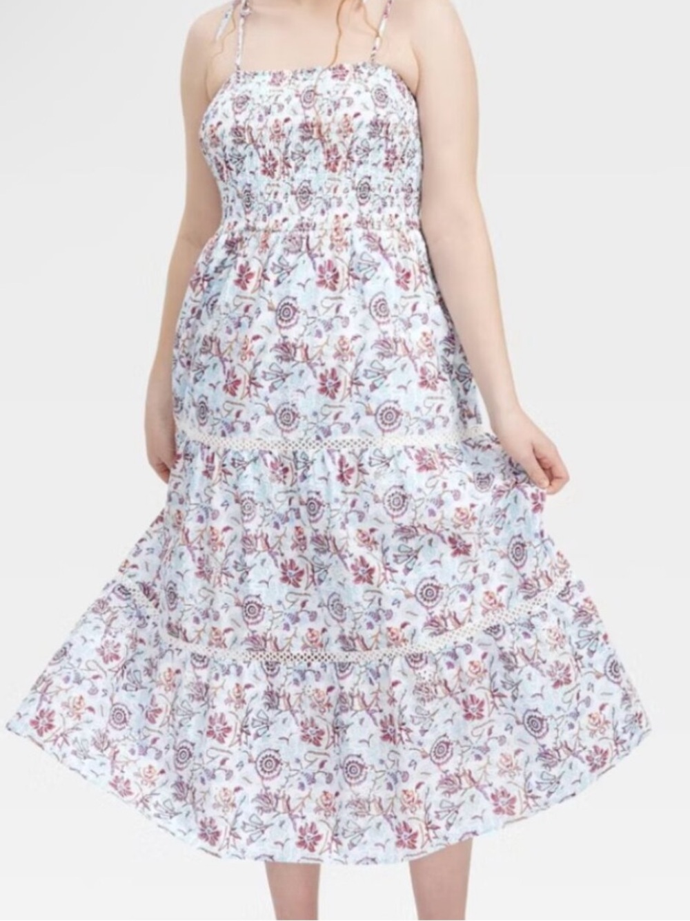 Roller Rabbit Floral Tiered Smocked Midi Dress - White with Pink Floral